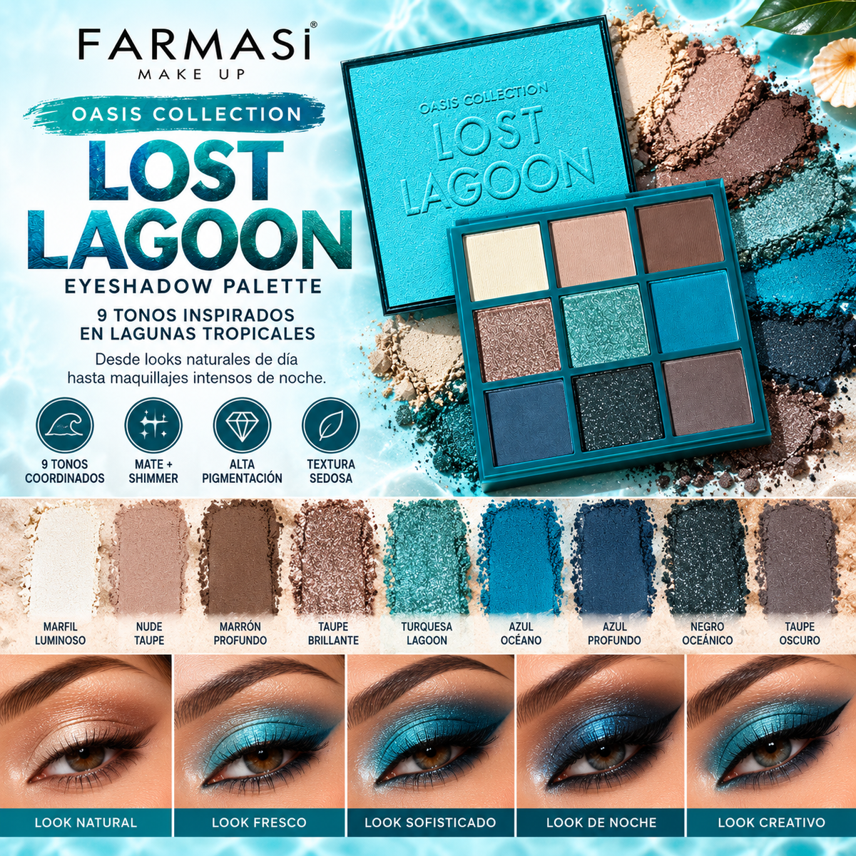 Farmasi Oasis Collection Lost Lagoon – Paleta de 9 Sombras Mate y Shimmer en Tonos Oceánicos