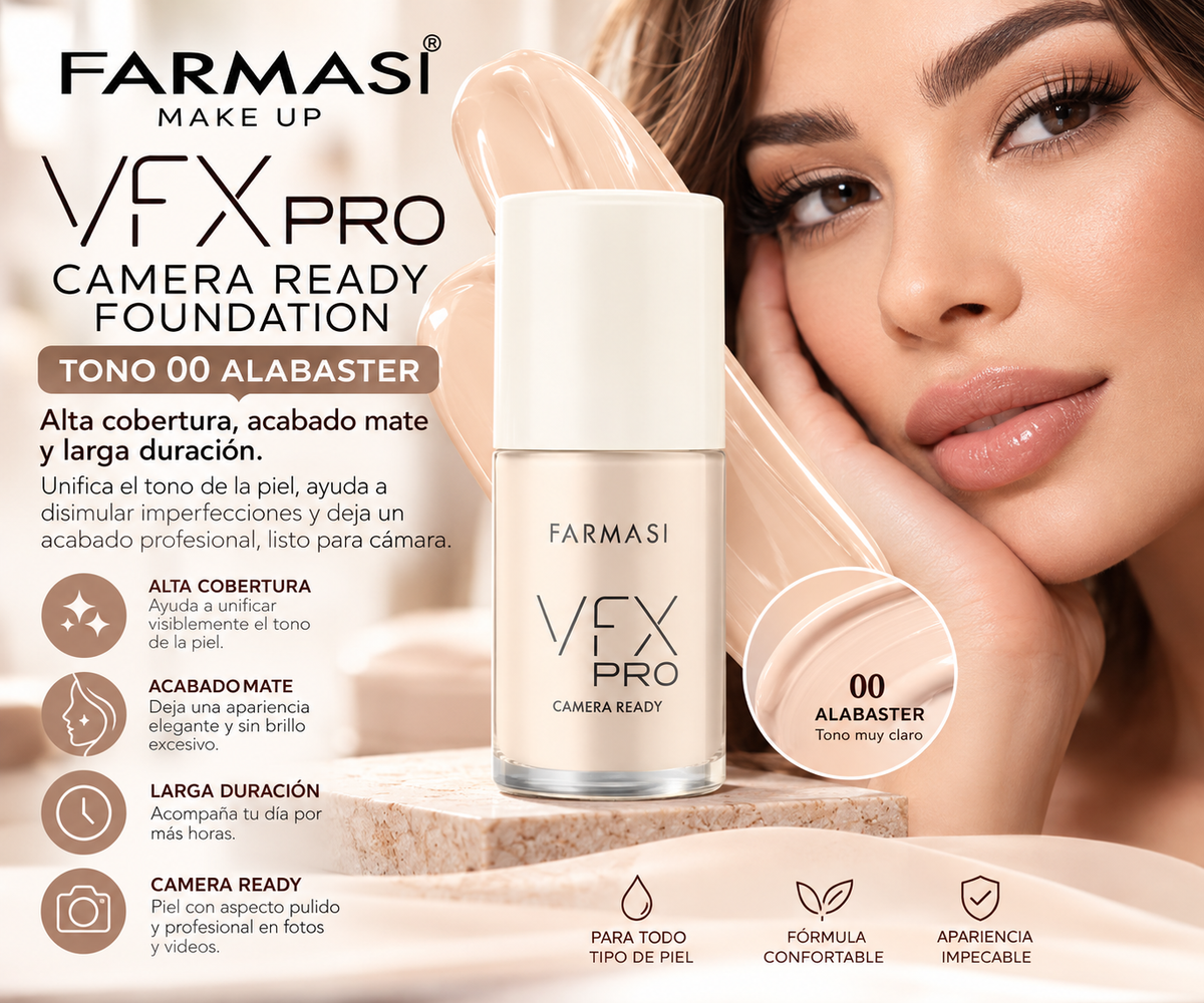 Farmasi VFX PRO Camera Ready Foundation – Base de Alta Cobertura, Larga Duración y Acabado Mate