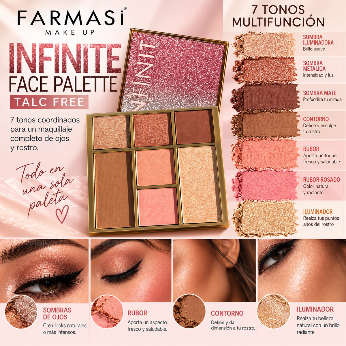 Farmasi Infinite Face Palette Talc Free – Paleta Multifunción para Ojos y Rostro 4 en 1