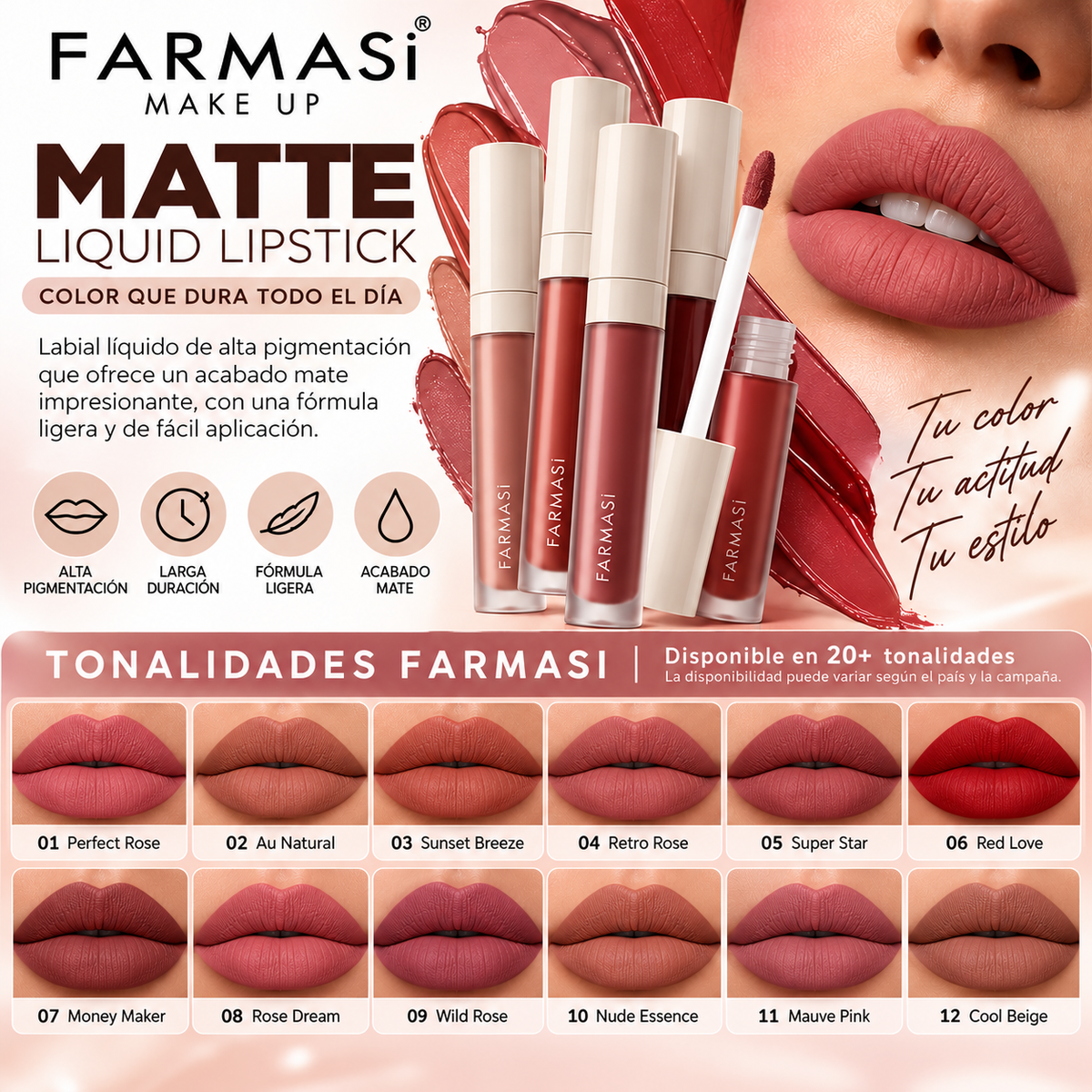 Farmasi Matte Liquid Lipstick – Labial Líquido Mate de Alta Pigmentación y Larga Duración