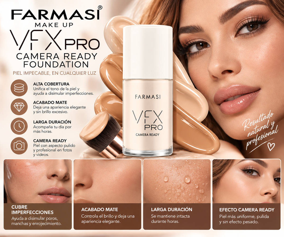 Farmasi VFX PRO Camera Ready Foundation – Base de Alta Cobertura, Larga Duración y Acabado Mate