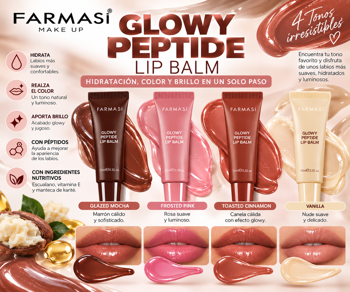 Farmasi Glowy Peptide Lip Balm Glazed Mocha – Bálsamo Labial con Péptidos, Hidratación y Brillo Glow